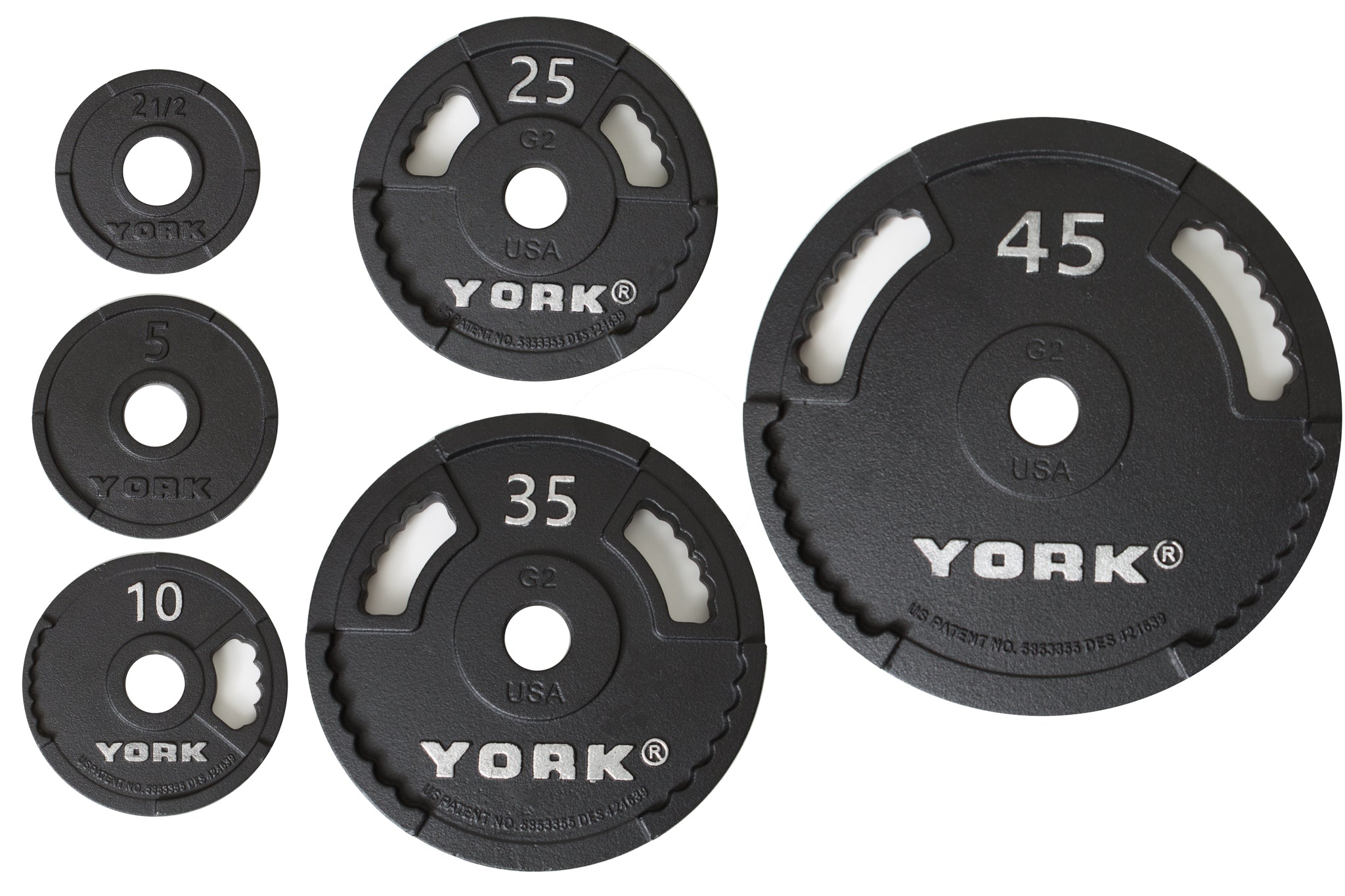 York Barbell lb G-2 Olympic Dual Grip Thin Line Cast Iron Plate - Black