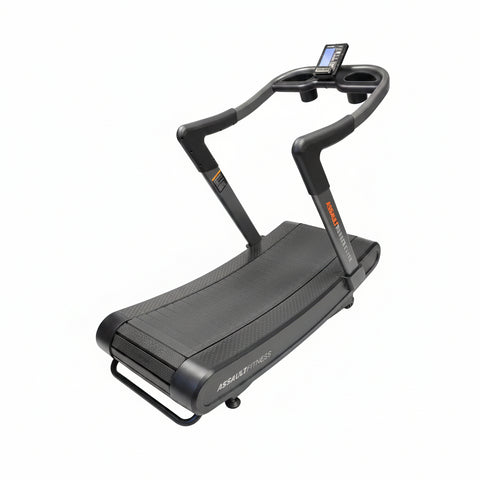 Profile view of an Assault Fitness AirRunner Elite manual curved treadmill with a black textured slatted running surface and sleek steel frame.