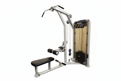 Full view of the Precor Vitality Series C026ES dual-function station featuring a high pulley for lat pulldowns and a low pulley for seated rows.