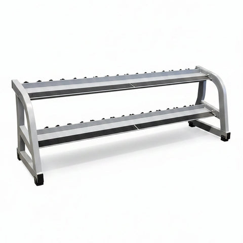 Technogym A0000521 two-tier dumbbell rack with angled tiers for easy access, clean modern aesthetic, like new condition, CAP 5-50 lb hex dumbbell set available as add-on