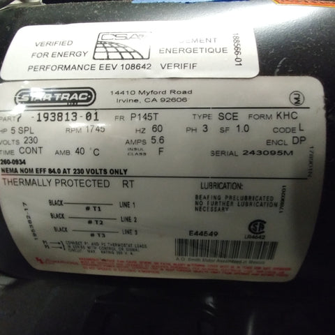 STAR TRAC TREADMILL DRIVE MOTOR, 220V, 5HP, AC OEM# 260-0934